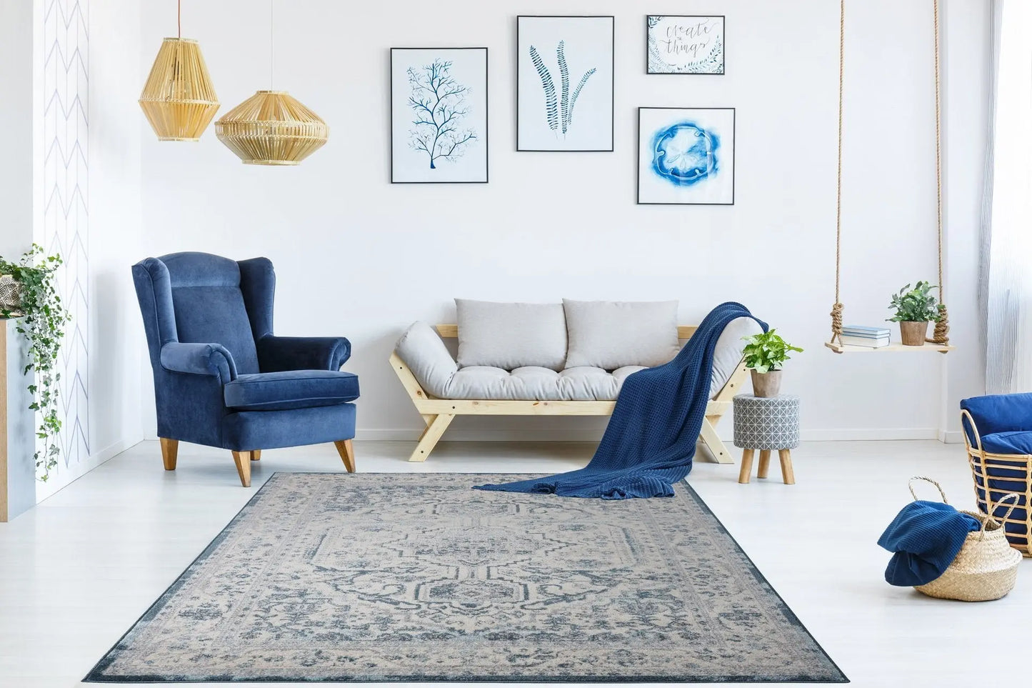 Goldline Cream Ivory Blue Bordered Persian Style Rug