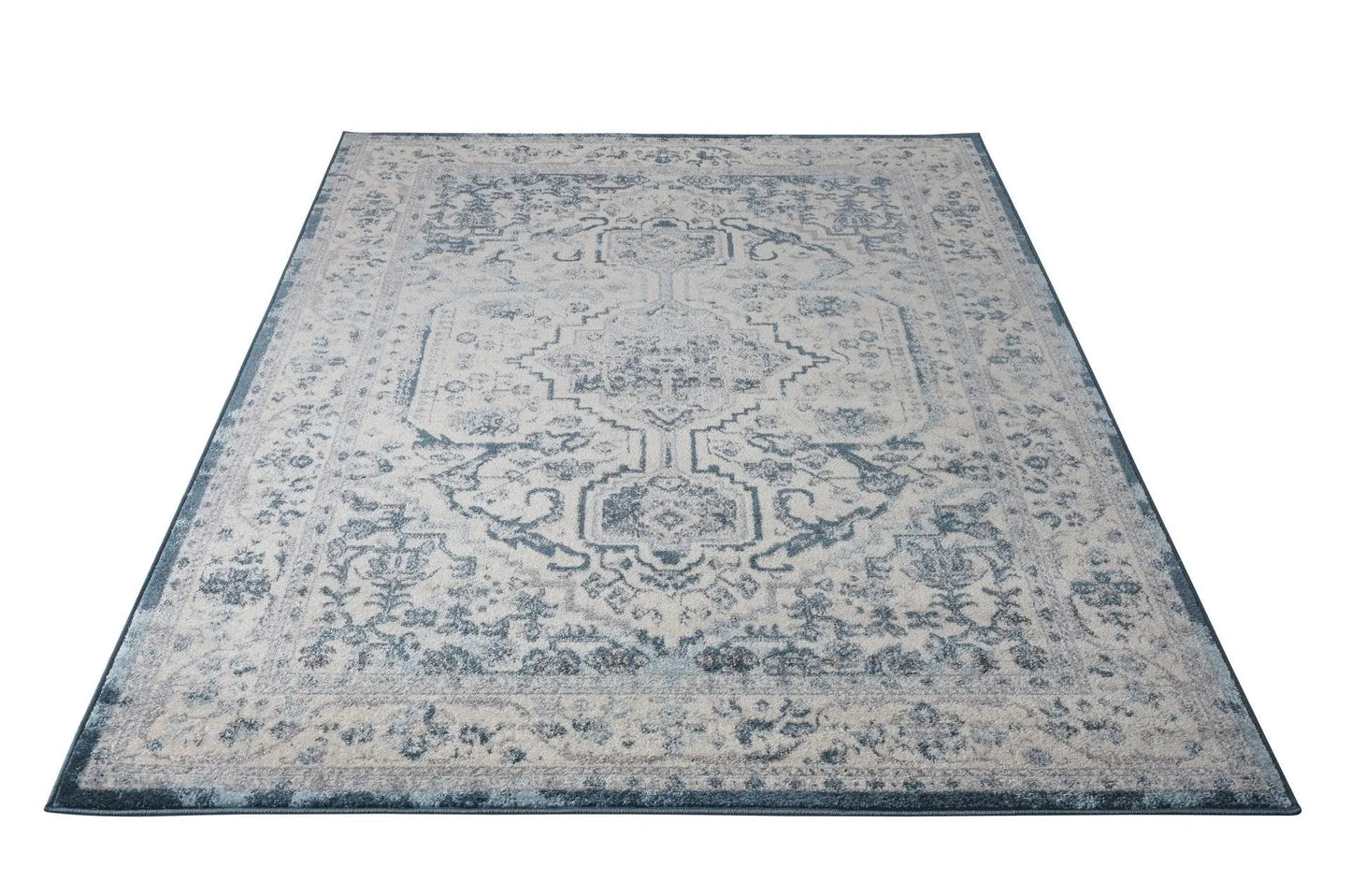Goldline Cream Ivory Blue Bordered Persian Style Rug
