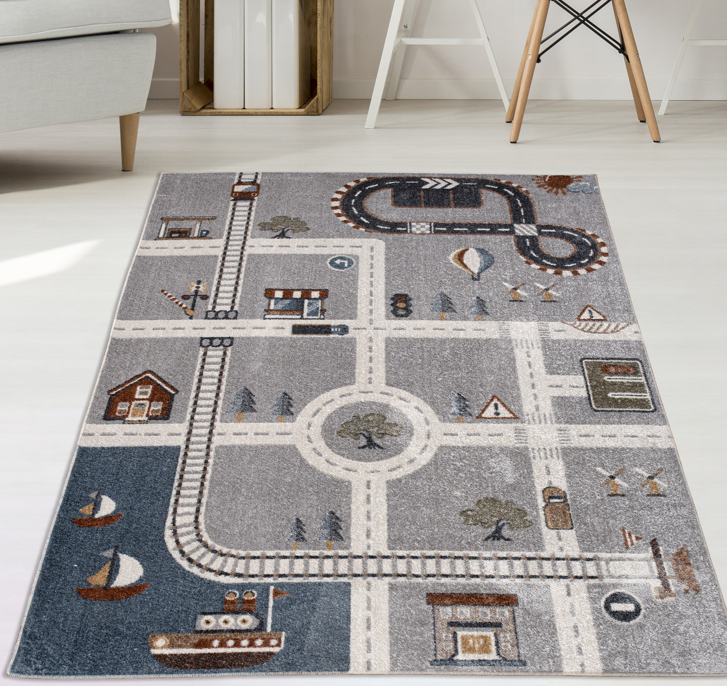 blue grey machine washable cars and roads kids nursery play room area rug 2x3 Doormat, Entrance, Balcony, Bathroom, Washroom