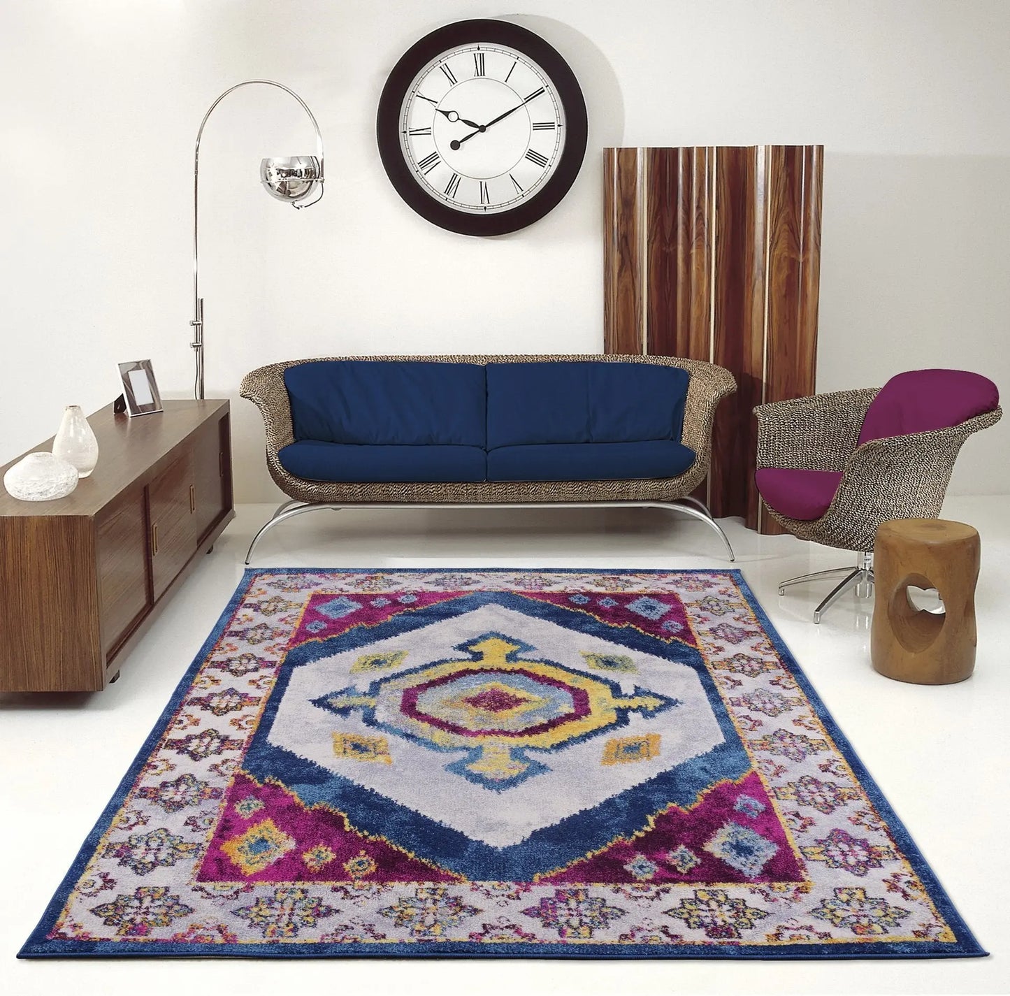 Huma Ikat Traditional Style European Purple Blue Floor Mat Carpet