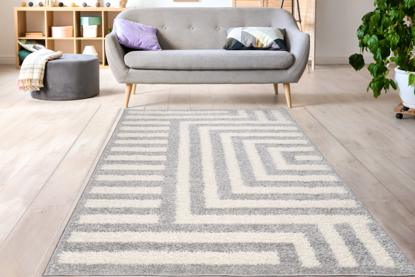 grey off white straped fluffy shaggy minimalistic area rug for living room bedroom 2x5, 3x5 Runner Rug, Entry Way, Entrance, Balcony, Bedside, Home Office, Table Top