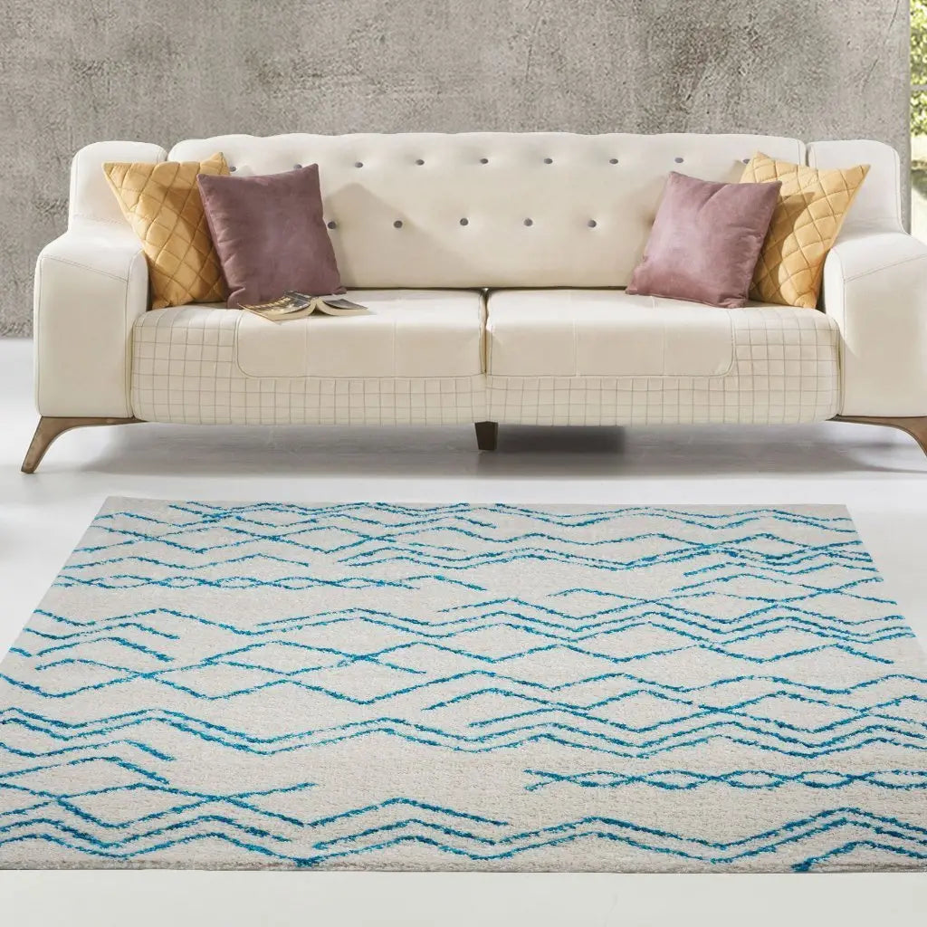 Shaggy Moroccan Ivory Turquoise Area Rug -