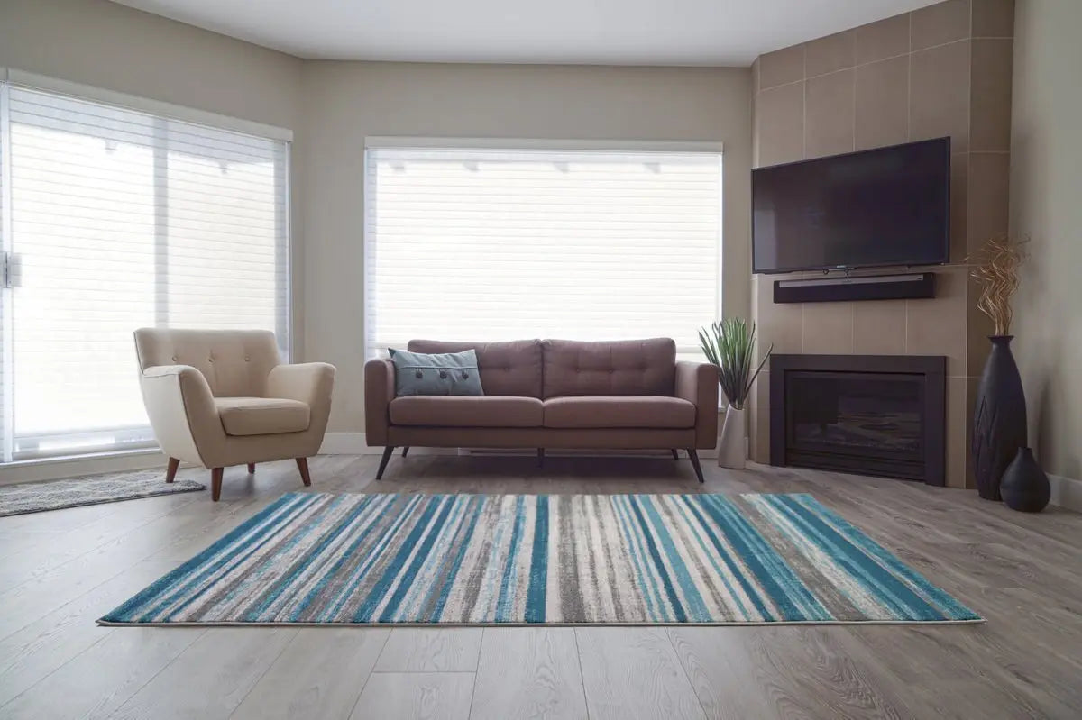 Kensington Teal Ivory Stripes Area Rug -