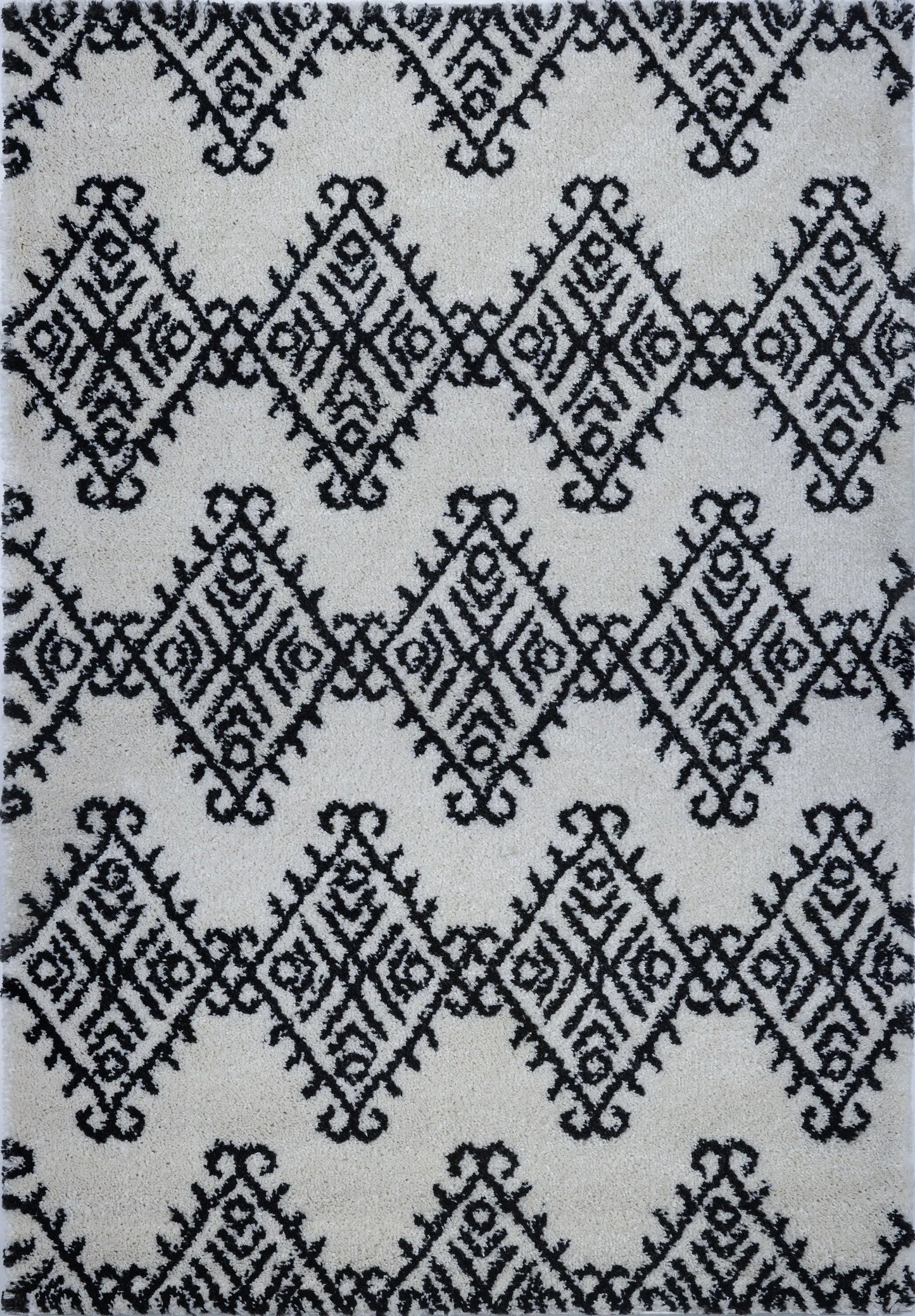 Oriental Motif Ivory Dark Gray Shaggy Area Rug -