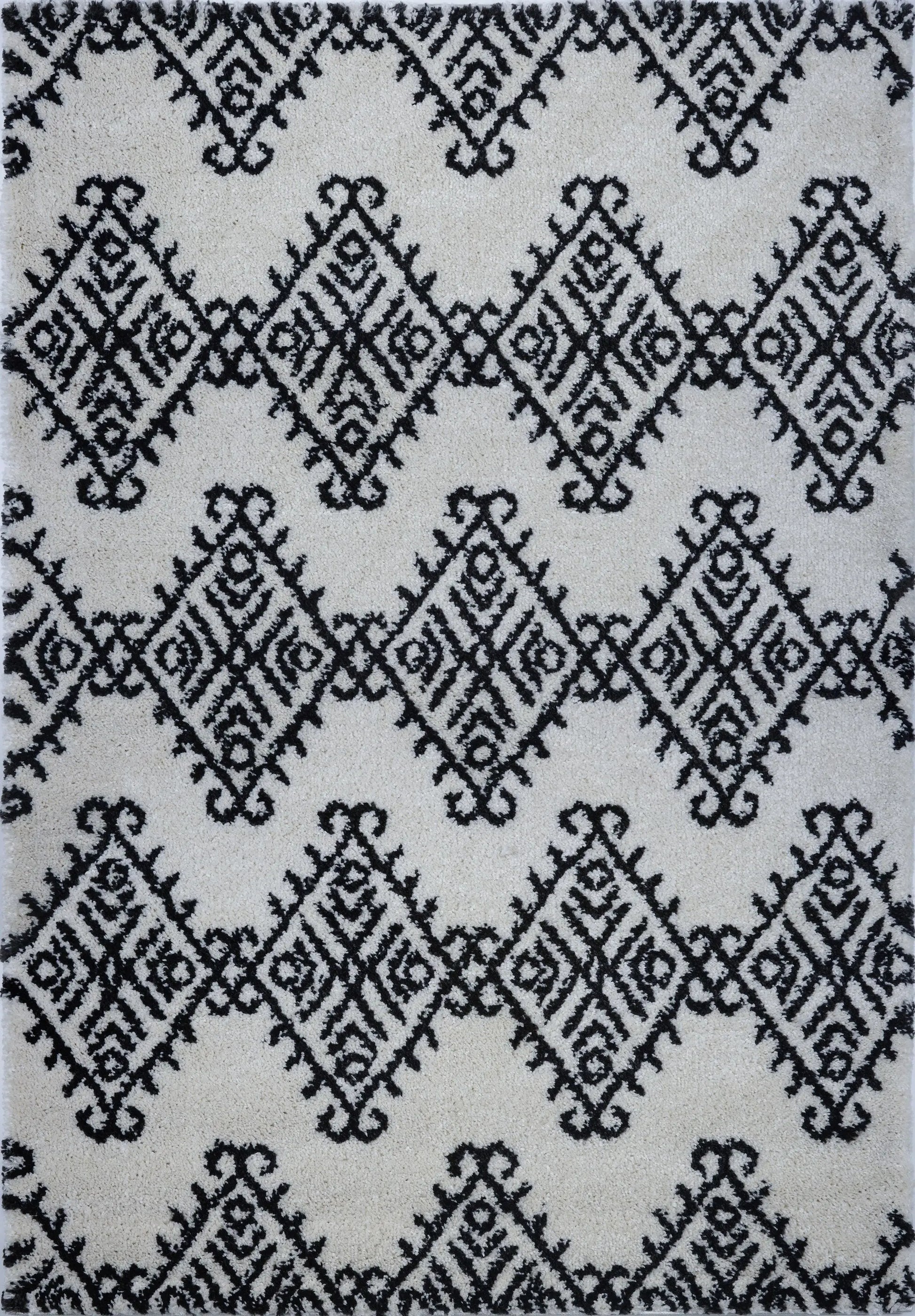 Oriental Motif Ivory Dark Gray Shaggy Area Rug -