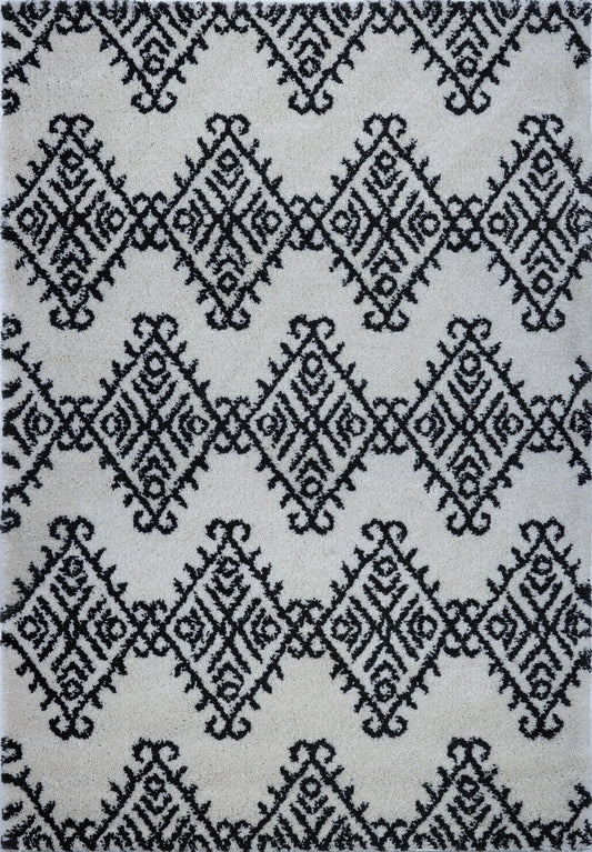 Oriental Motif Ivory Dark Gray Shaggy Area Rug -