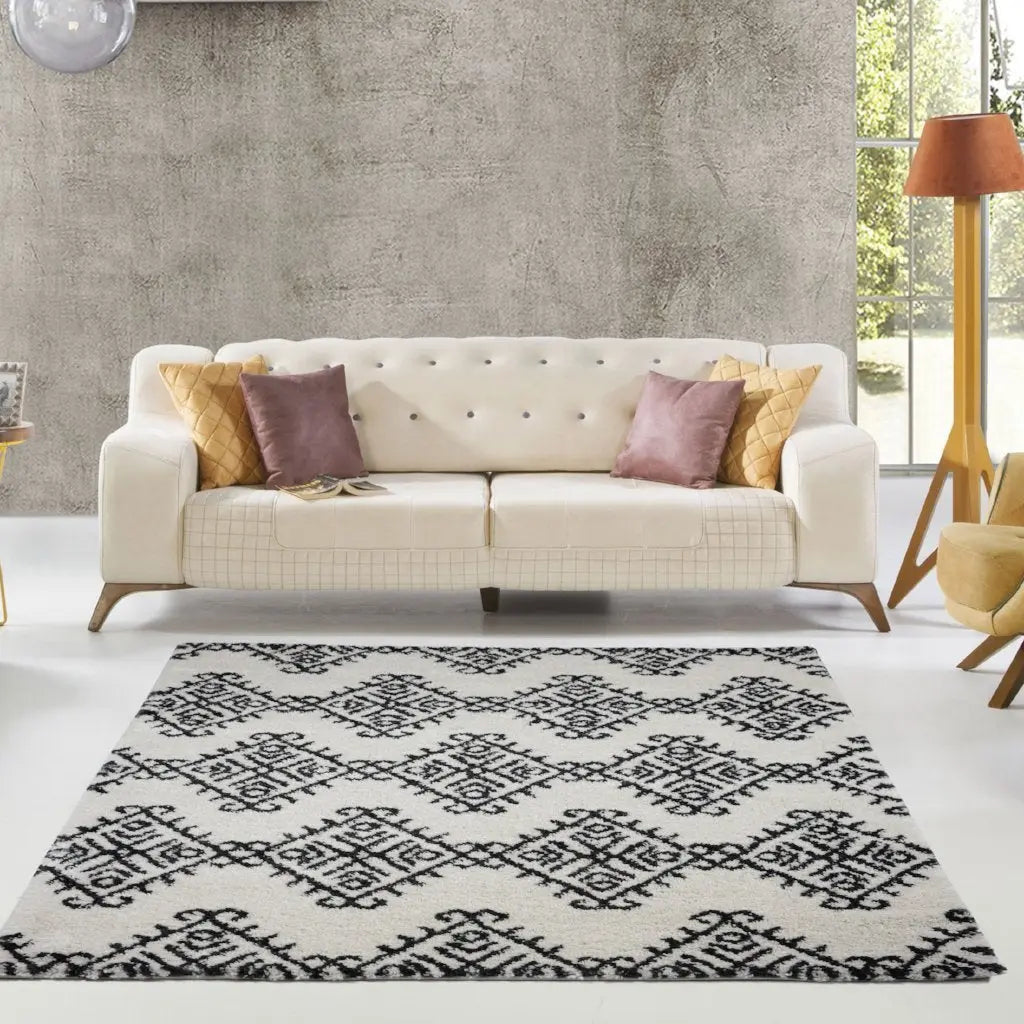 Oriental Motif Ivory Dark Gray Shaggy Area Rug -