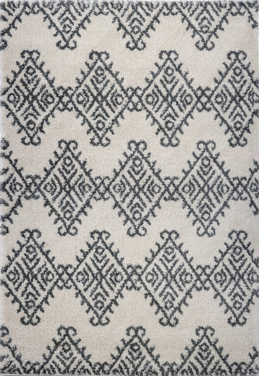 Oriental Motif Ivory Gray Shaggy Area Rug -