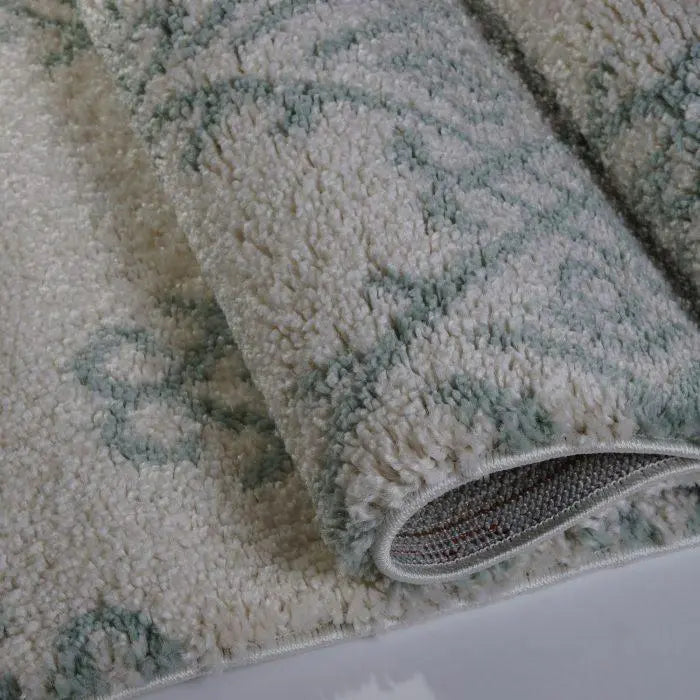Oriental Motif Ivory Aqua Green Shaggy Area Rug -