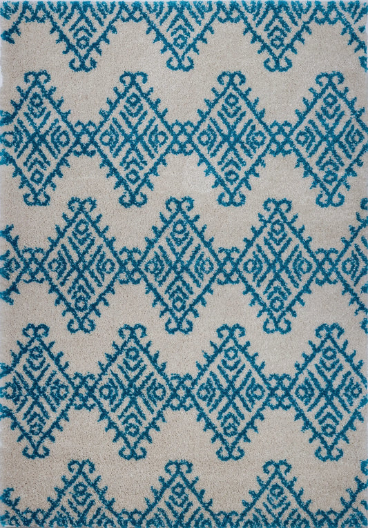 Oriental Motif Ivory Turquoise Shaggy Area Rug -