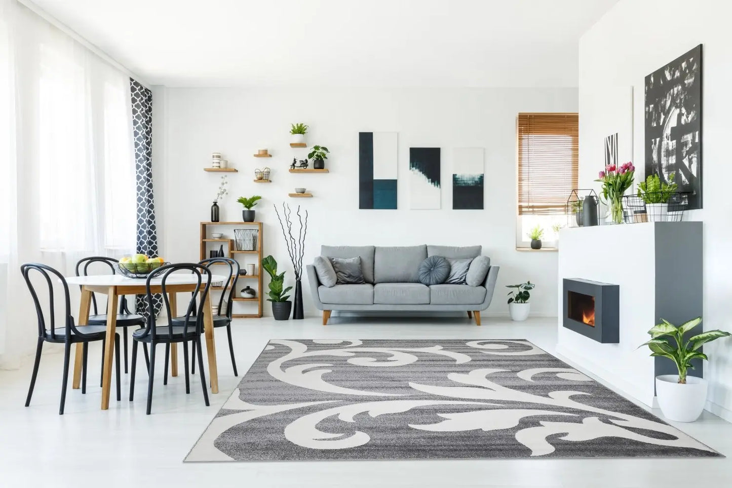 Off White Grey Floral Pattern Area Rug - Ladolerugsca