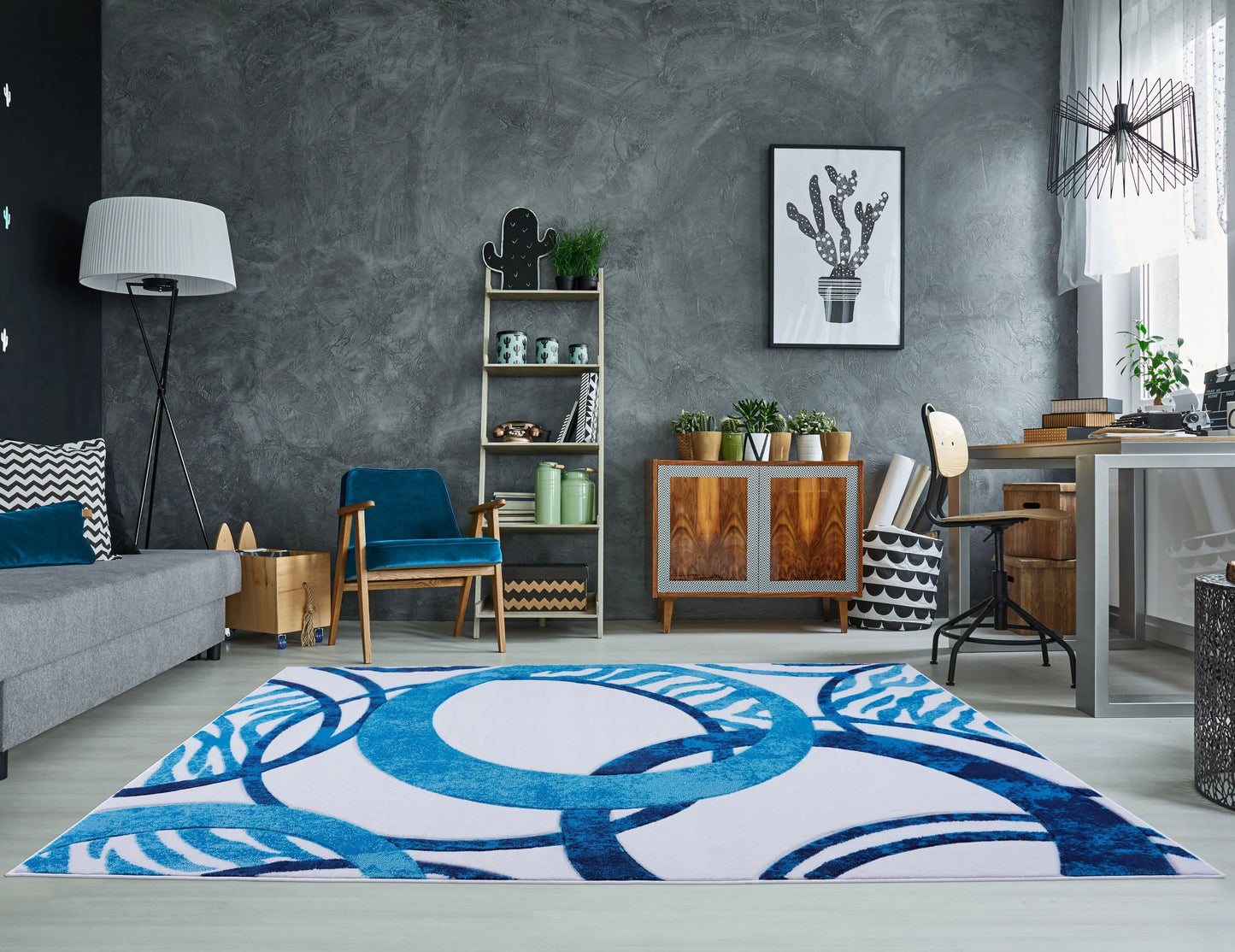 White Blue Contemporary Area Rug