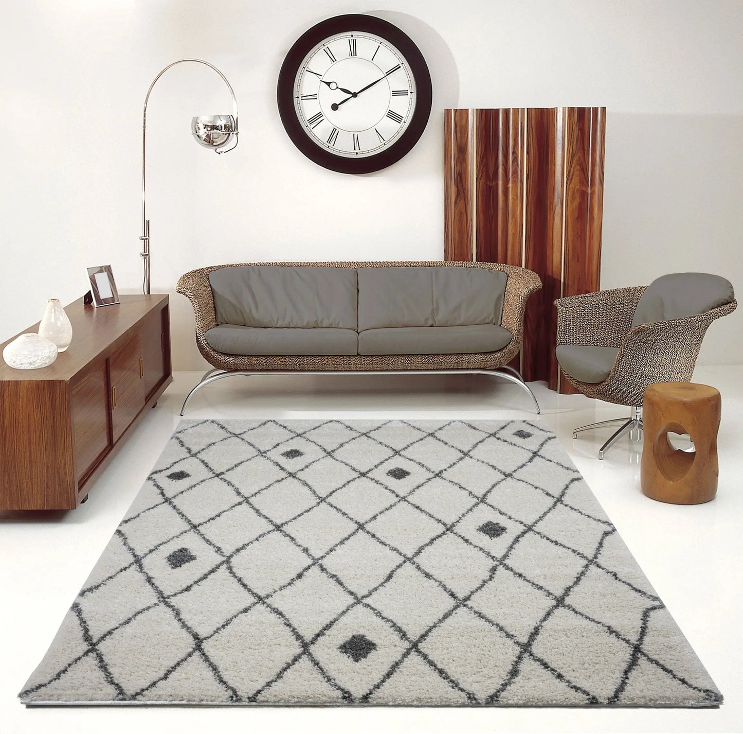 Victoria Trellis Ivory Grey Shaggy Area Rug - Ladolerugsca