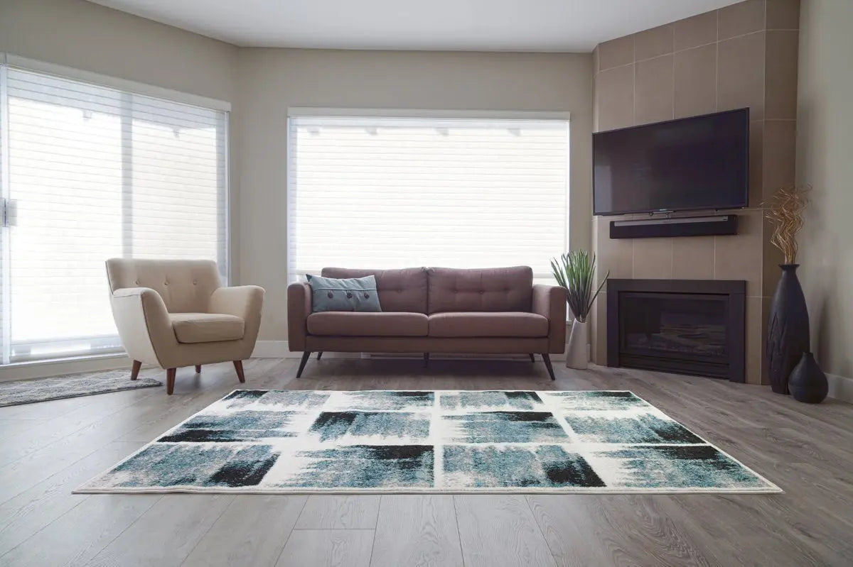 Kensington Teal Ivory Abstract Area Rug -