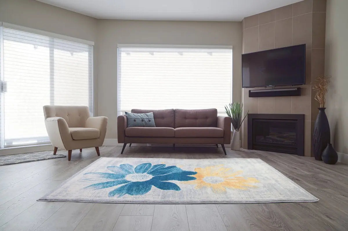 Teal Yellow Flower Area Rug - Ladolerugsca