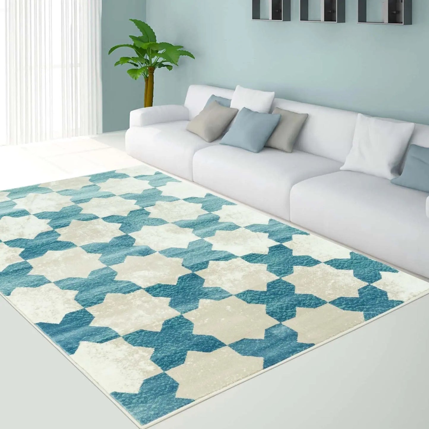 Clover Teal Cream Trellis Area Rug -