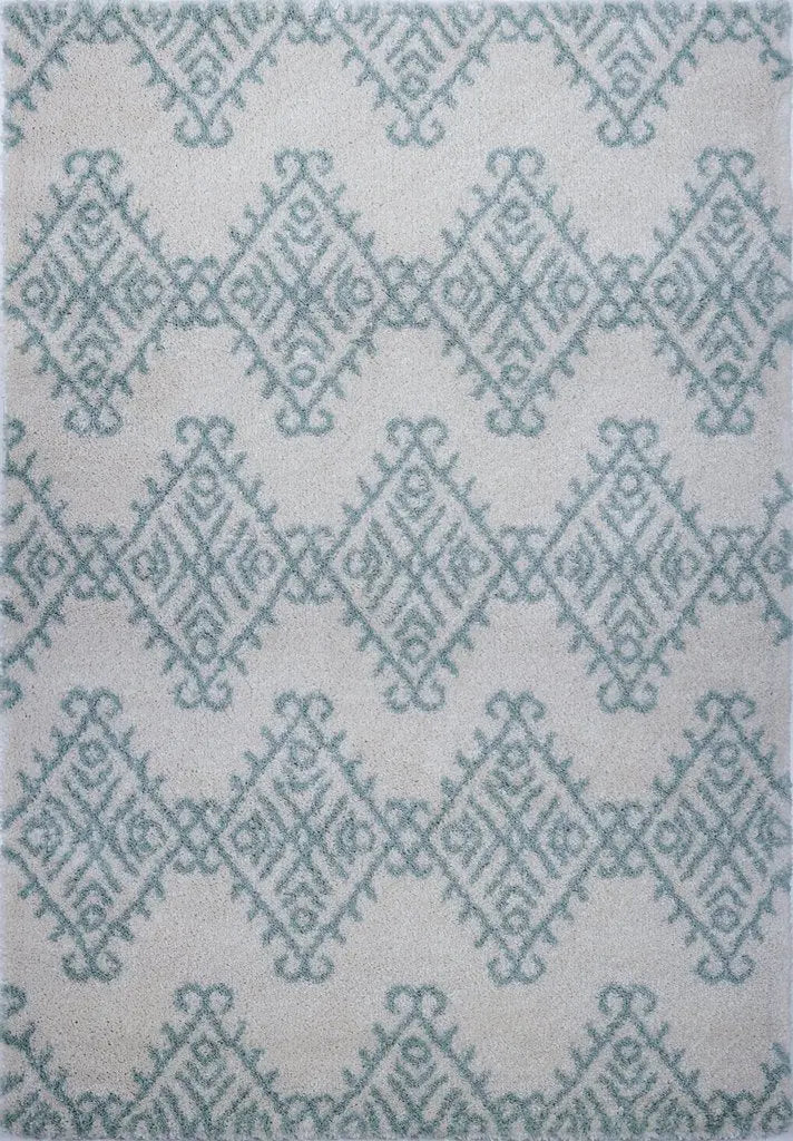Oriental Motif Ivory Aqua Green Shaggy Area Rug - Ladolerugsca