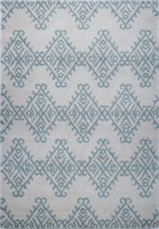Oriental Motif Ivory Aqua Green Shaggy Area Rug - Ladolerugsca