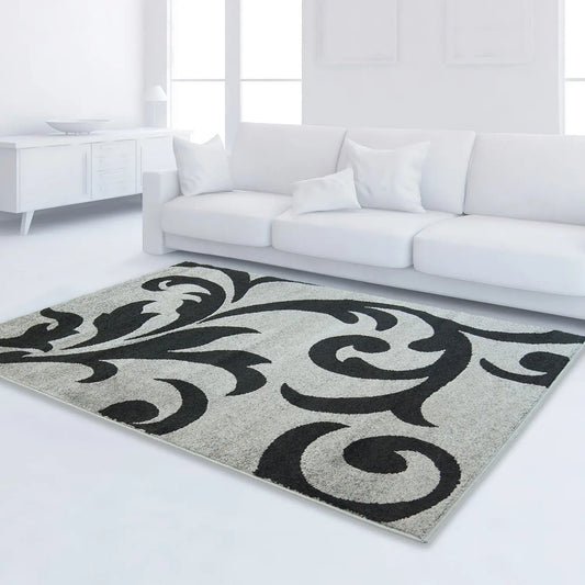 Grey Black Flower Area Rug -