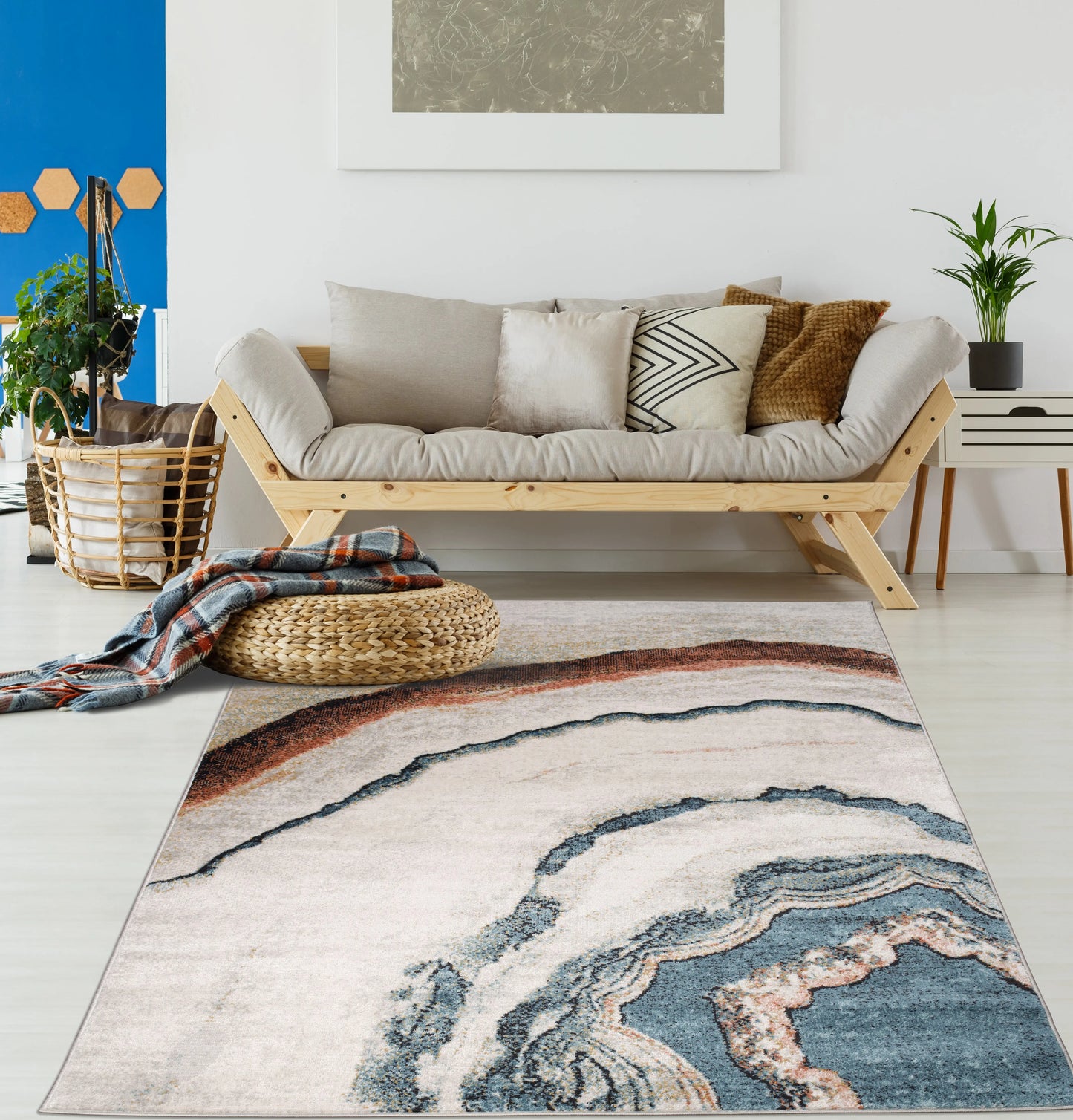 blue ivory red marble pattern lava modern abstract area rug for living room bedroom 5x7, 5x8 ft Contemporary, Living Room Carpet, Bedroom, Home Office