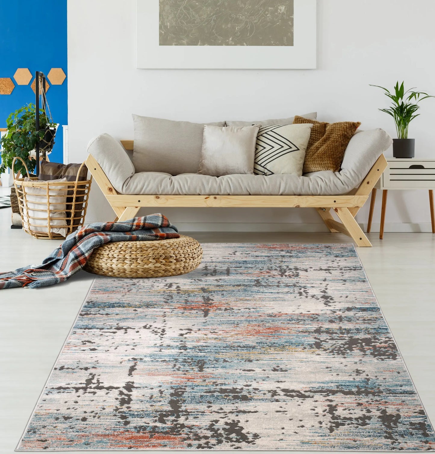 blue ivory red rustic abstract area rug for living room bedroom 2x5, 3x5 Runner Rug, Entry Way, Entrance, Balcony, Bedside, Home Office, Table Top