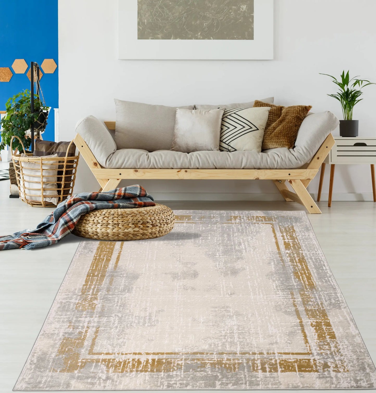mustard grey bordered modern contemporary minimalistic area rug for living room bedroom 2x8, 3x10, 2x10 ft Long Runner Rug, Hallway, Balcony, Entry Way, Kitchen, Stairs