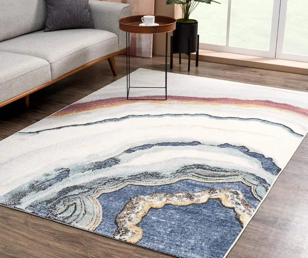 blue ivory red marble pattern lava modern abstract area rug for living room bedroom 2x5, 3x5 Runner Rug, Entry Way, Entrance, Balcony, Bedside, Home Office, Table Top