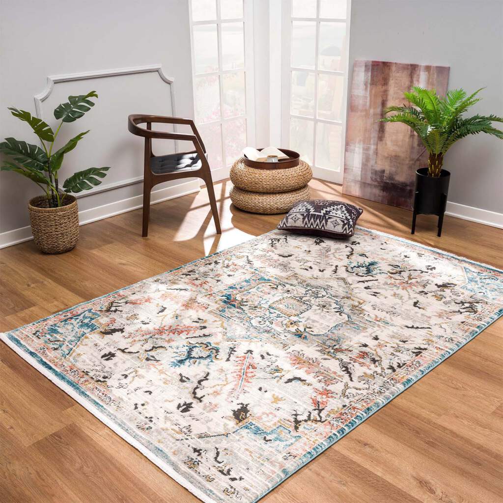 La Dole Rugs Traditional Persian Oriental Distressed Teal Turquoise Ivory  Grey Red Orange Area Rug