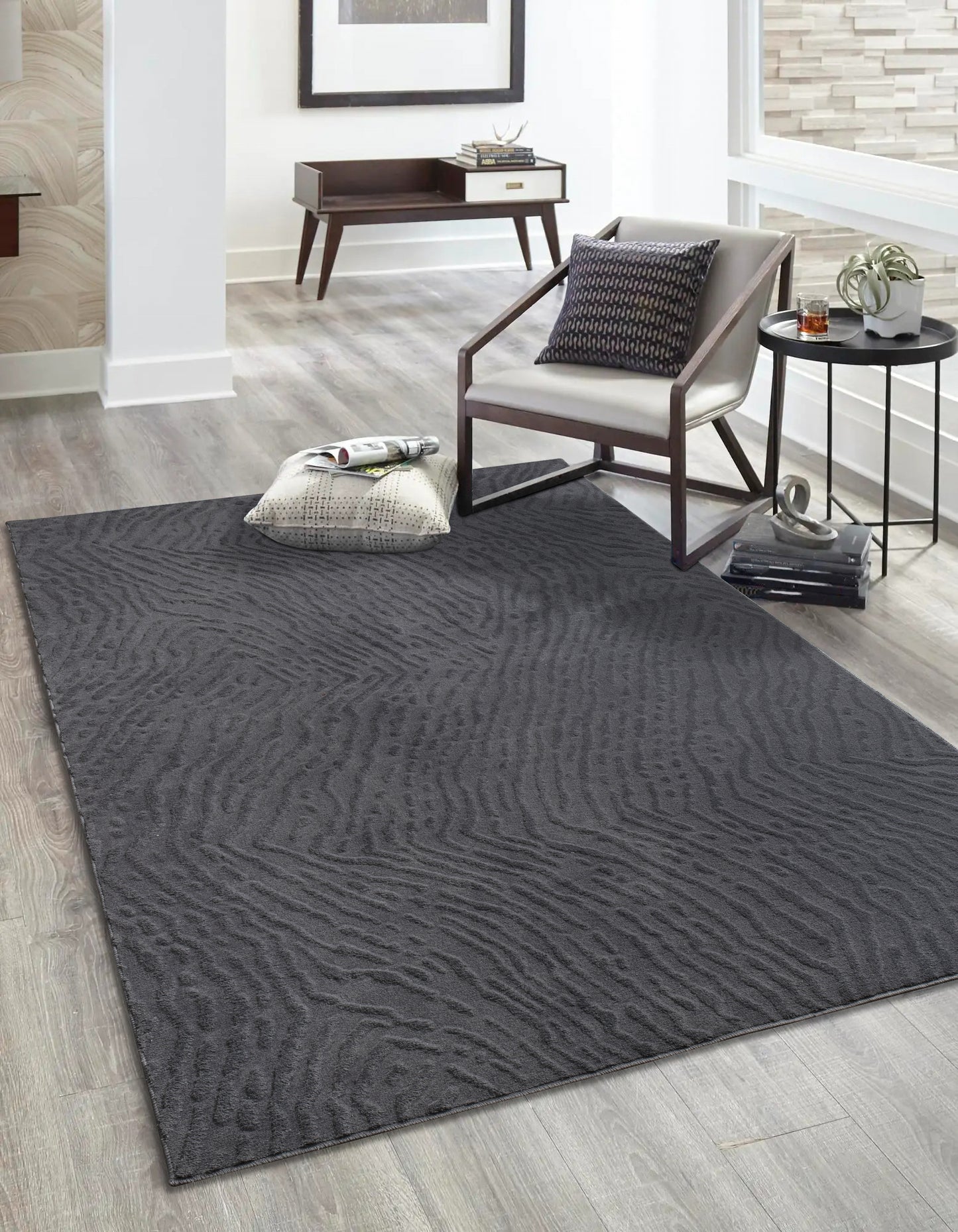 Anthrasite Grey Textured Fluffy Soft Machine Washable Area Rug For Living Room, Bedroom