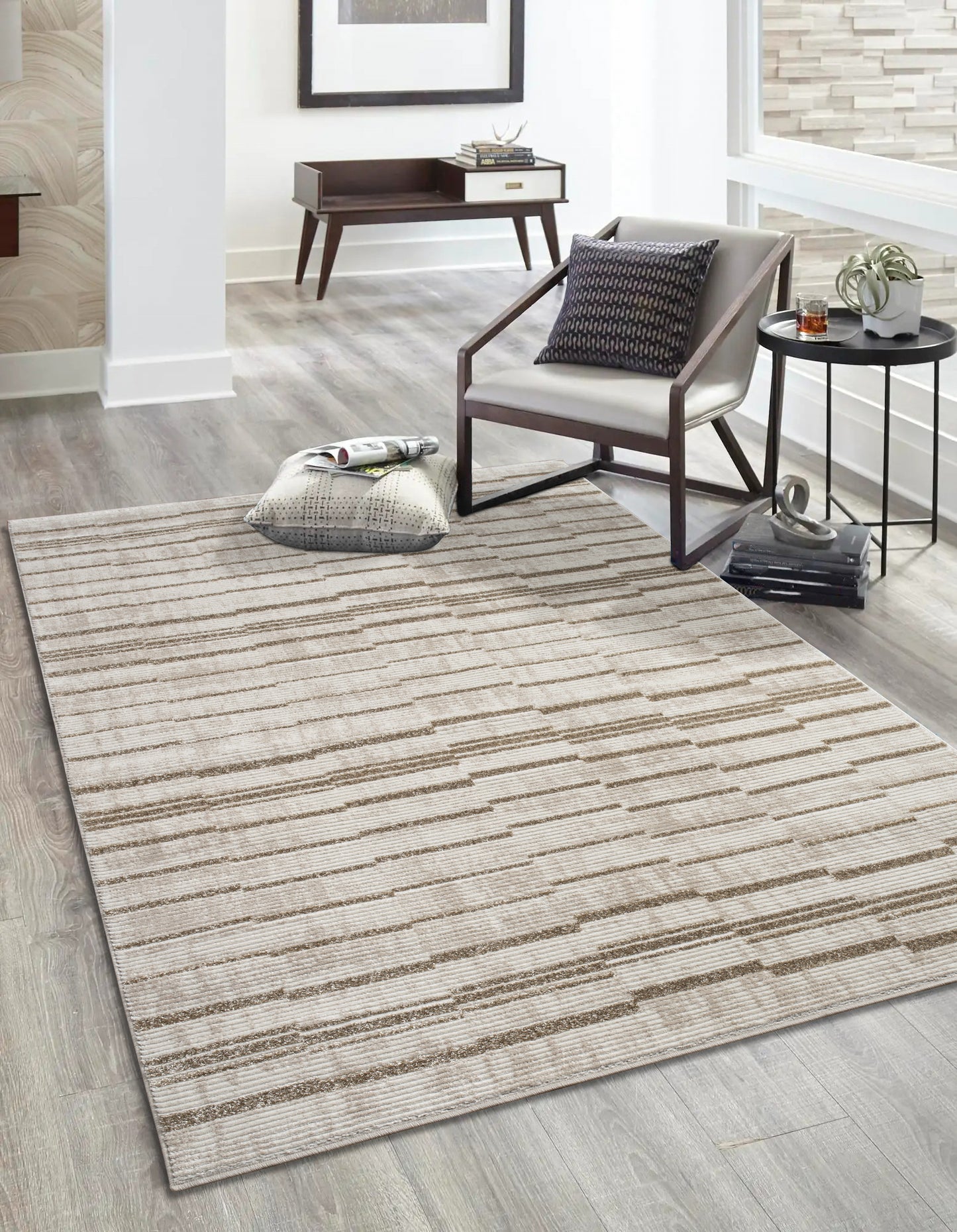 Beige Brown Abstract Striped Living Room Bedroom Area Rug