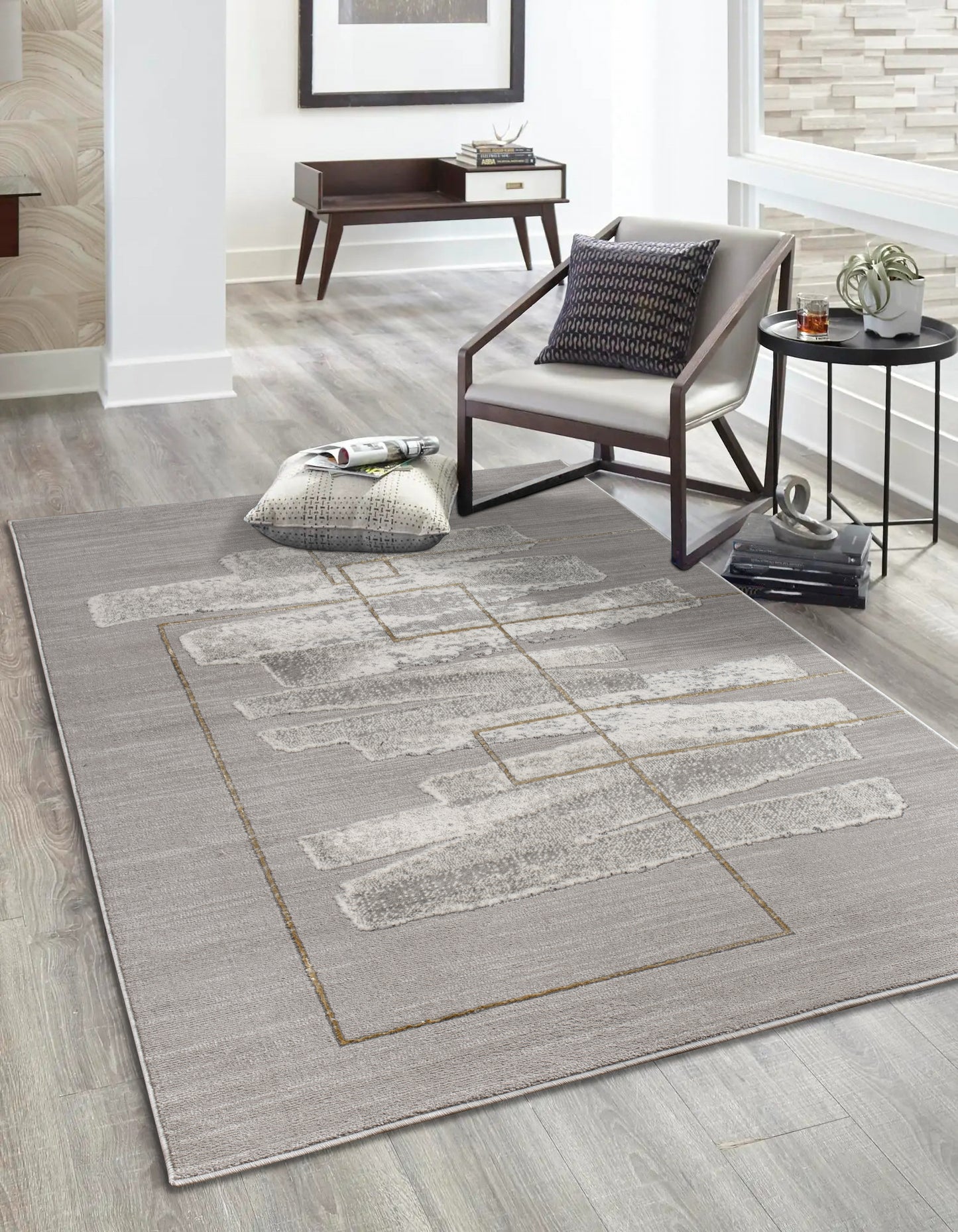 Gold Grey Abstract Modern Living Room Bedroom Area Rug