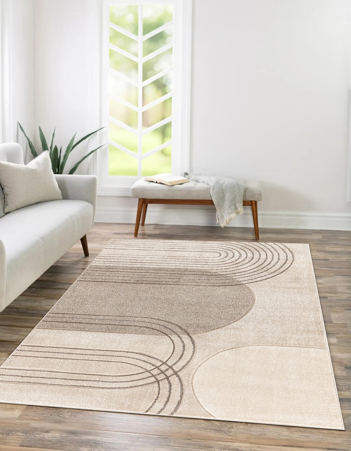 Cream Beige Textured Geometric Contemporary Living Room Bedroom Area Rug