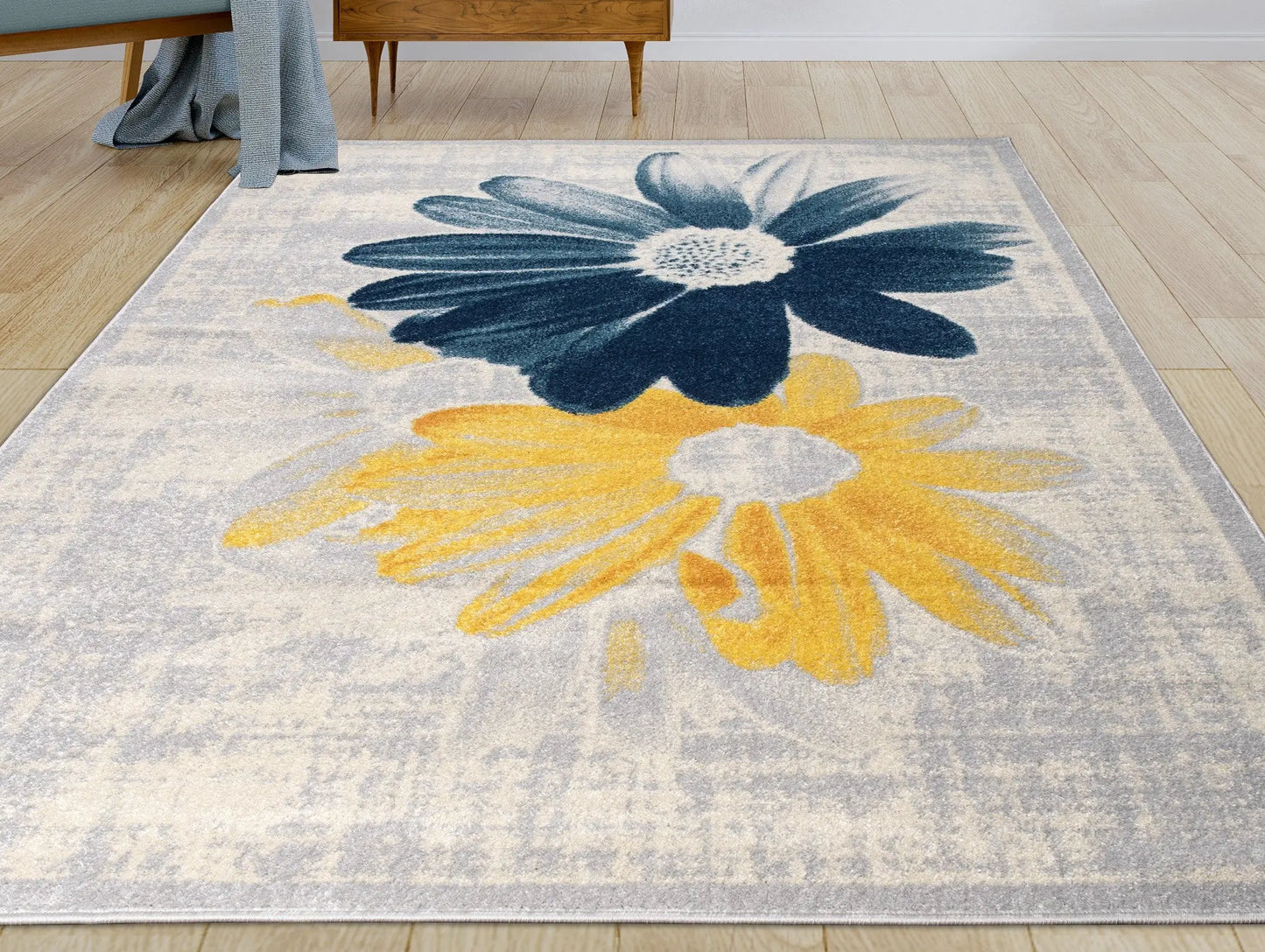 Teal Yellow Flower Area Rug
