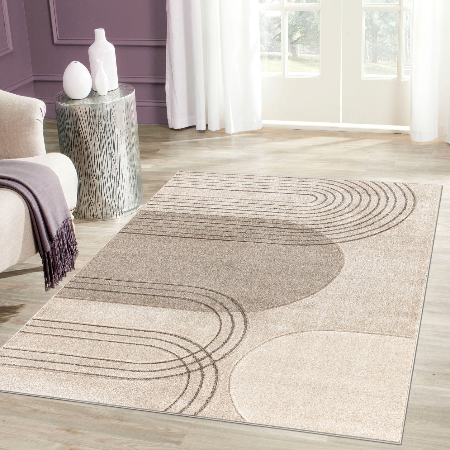 Cream Beige Textured Geometric Contemporary Living Room Bedroom Area Rug