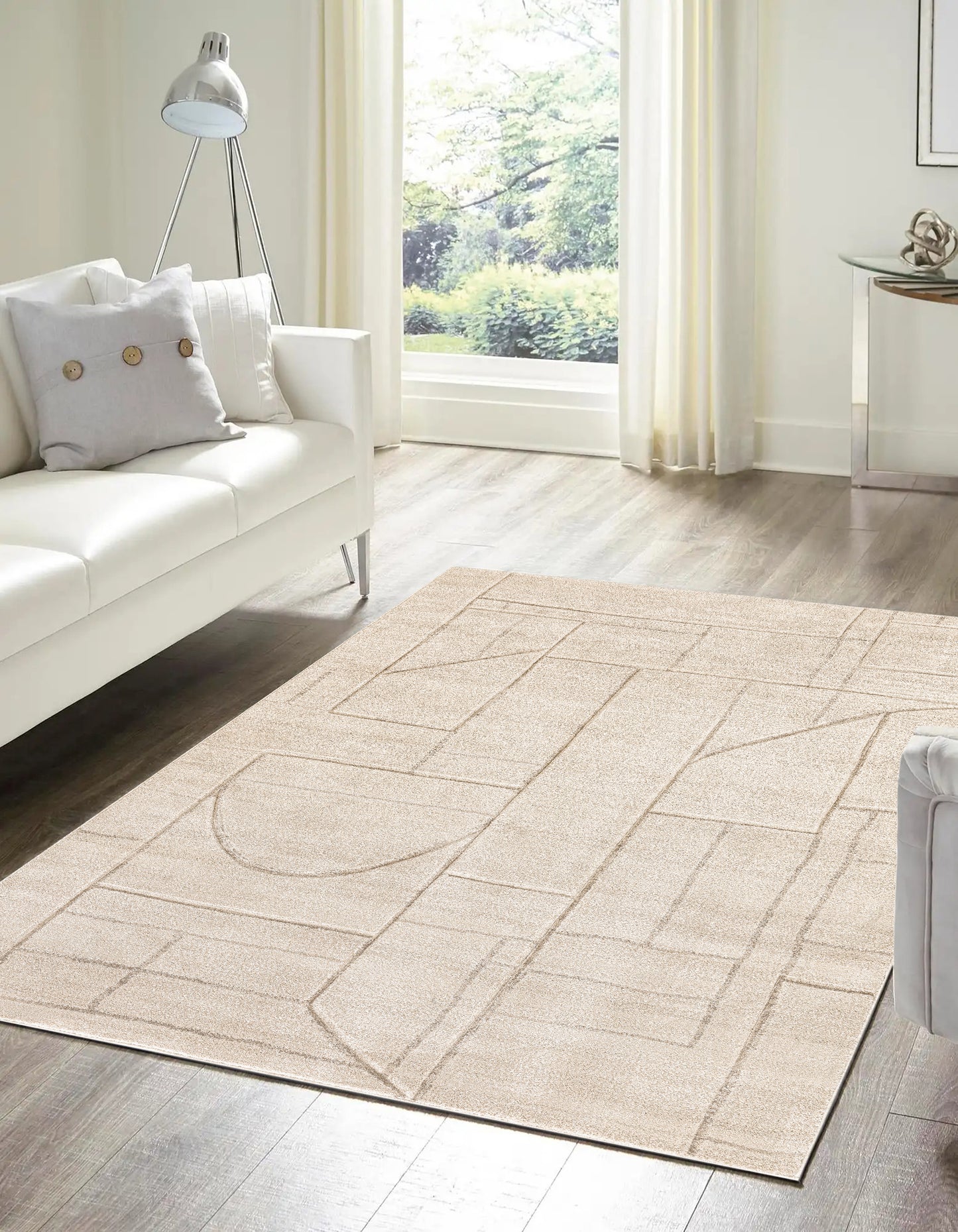 Cream Beige Textured Geometric Minimalist Living Room Bedroom Area Rug