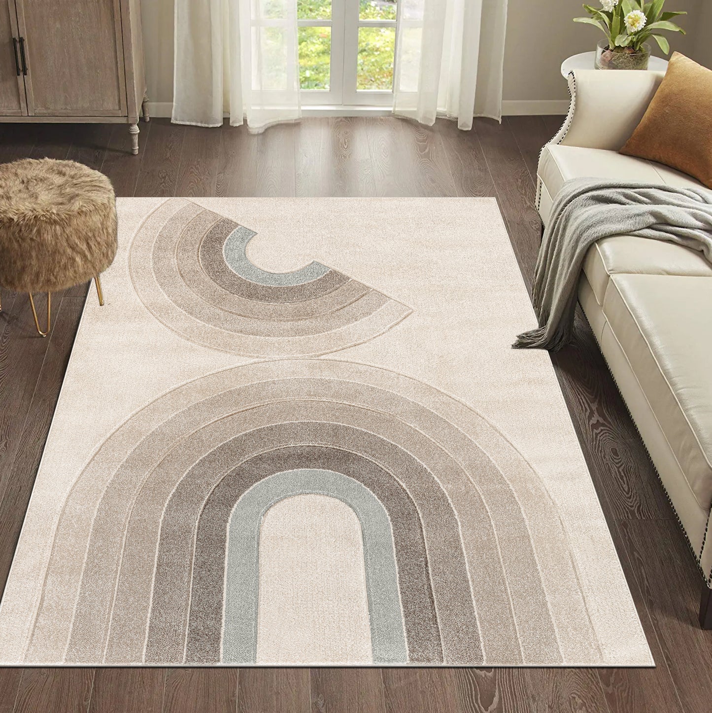 Cream Beige Textured Geometric Modern Living Room Bedroom Area Rug