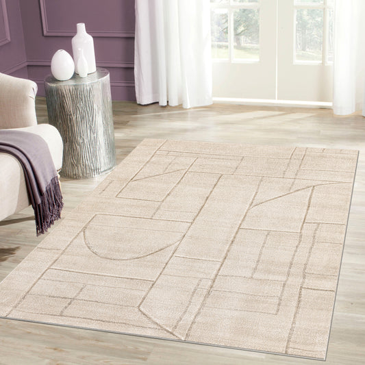 Cream Beige Textured Geometric Minimalist Living Room Bedroom Area Rug