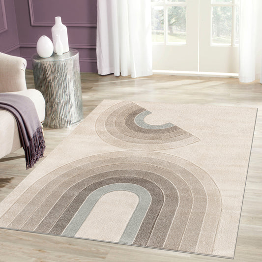 Cream Beige Textured Geometric Modern Living Room Bedroom Area Rug