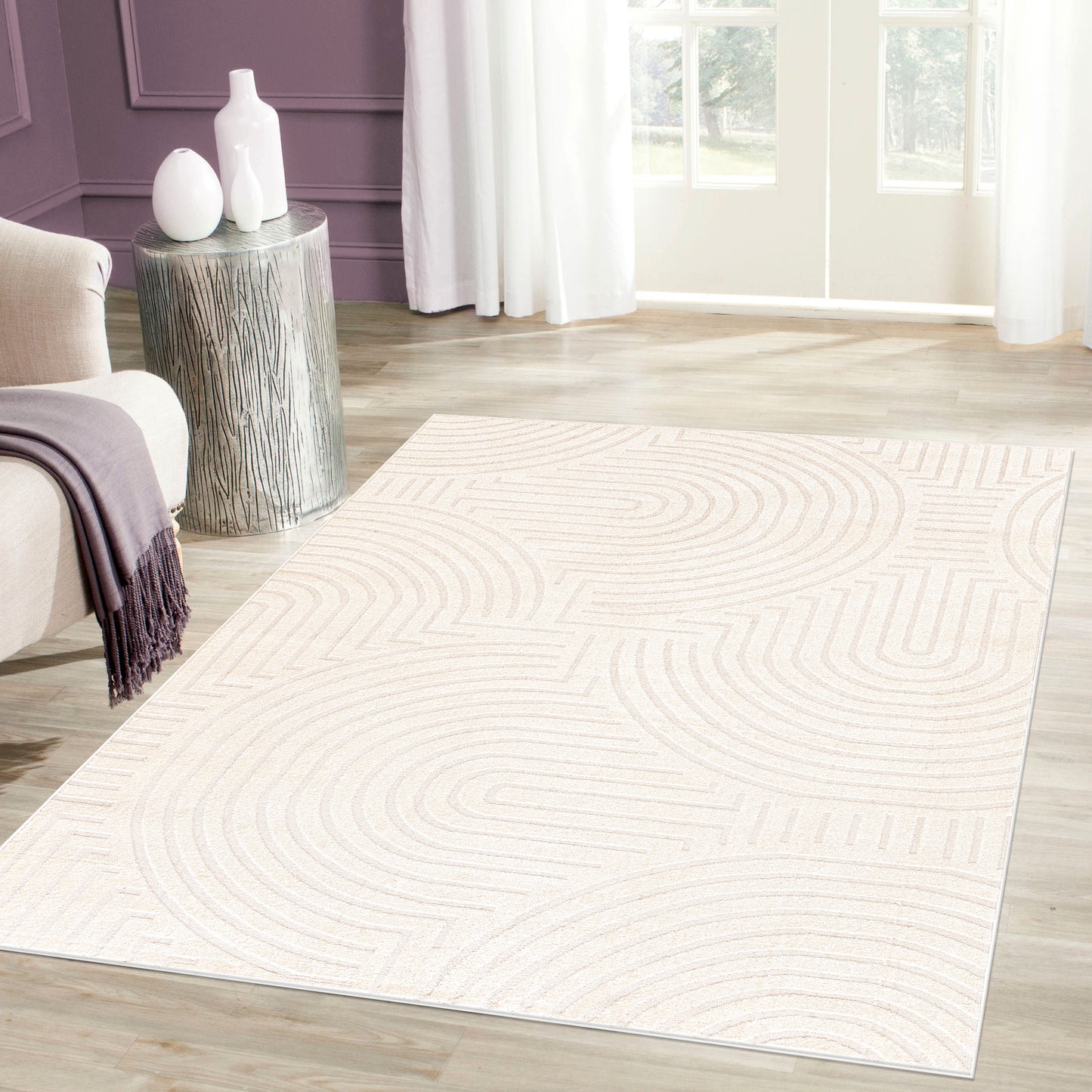 Beige Cream Textured Geometric Living Room Bedroom Area Rug