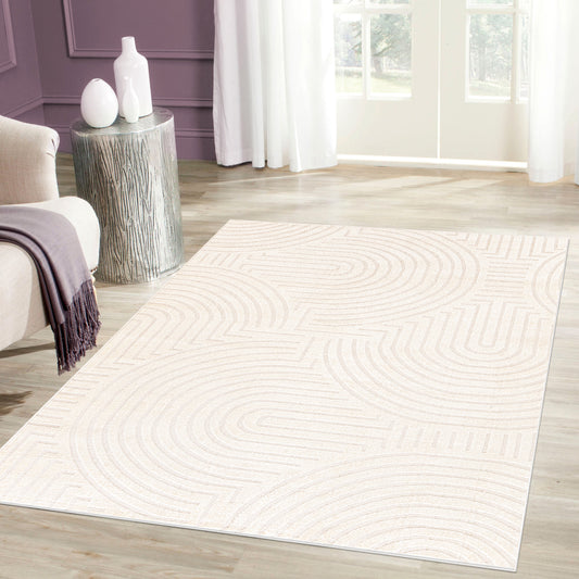 Beige Cream Textured Geometric Living Room Bedroom Area Rug