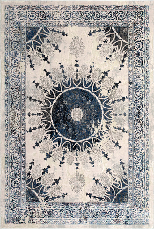 Blue Grey Ivory Traditional Bordered Living Room Bedroom Area Rug