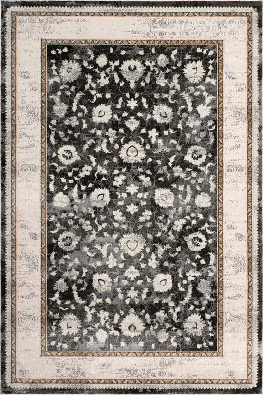 Dark Grey Ivory Traditional Bordered Living Room Bedroom Area Rug