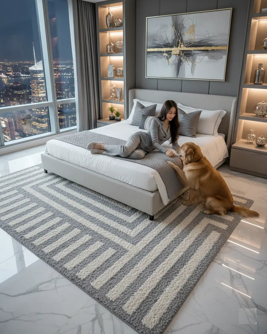 Grey Off White Straped Fluffy Shaggy Minimalistic Area Rug For Living Room, Bedroom
