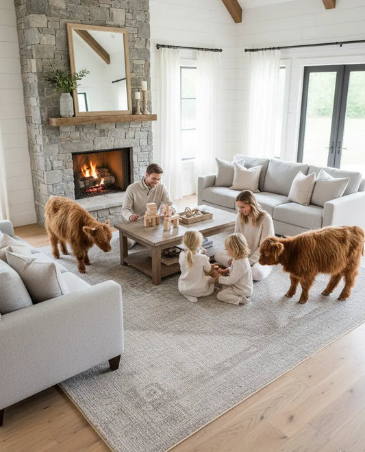 Ivory Bordered Cotton and Polyster Machine Washable Traditional Rustic Area Rug
