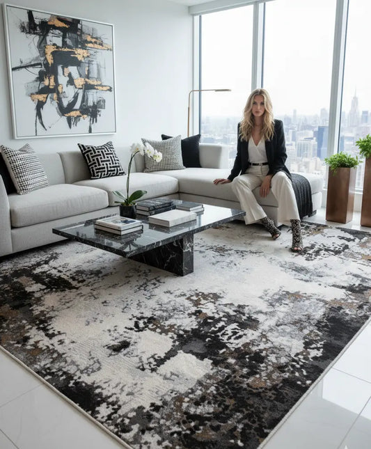 Anthracite Grey Beige Ivory Abstract Modern Living Room Bedroom Area Rug