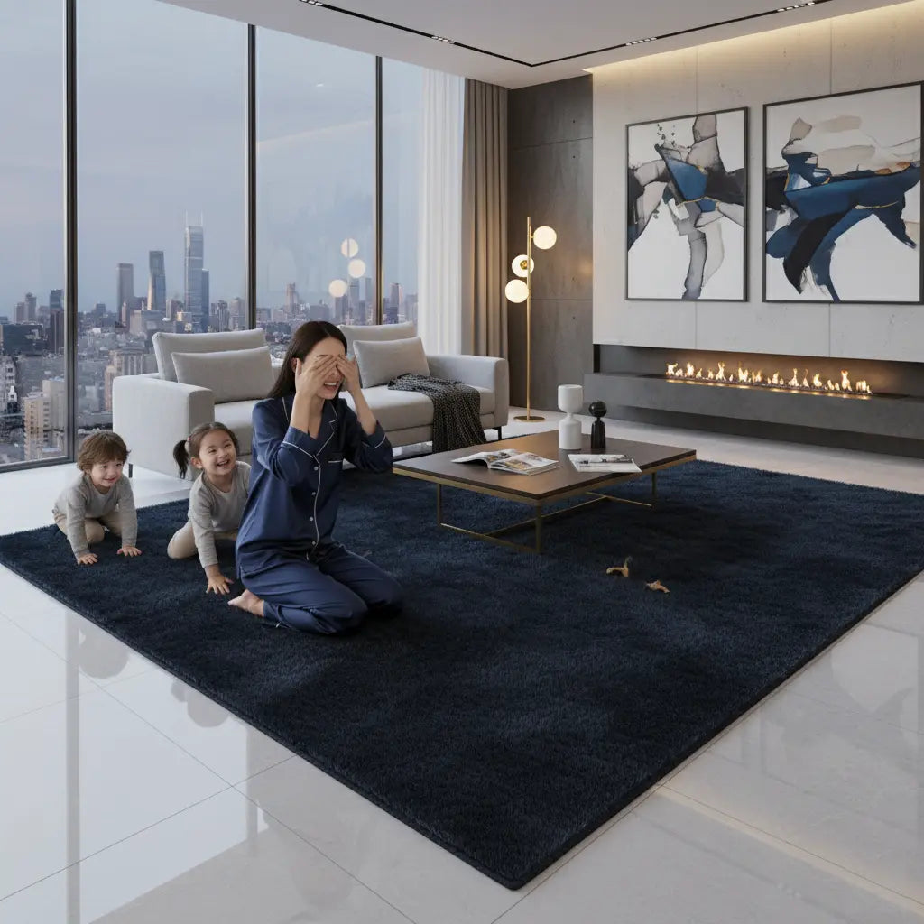 Navy Blue Fluffy Soft Machine Washable Area Rug For Living Room, Bedroom