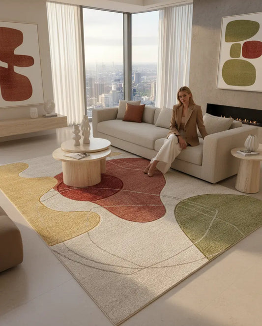 Red Mustard Green Textured Abstract Living Room Bedroom Area Rug