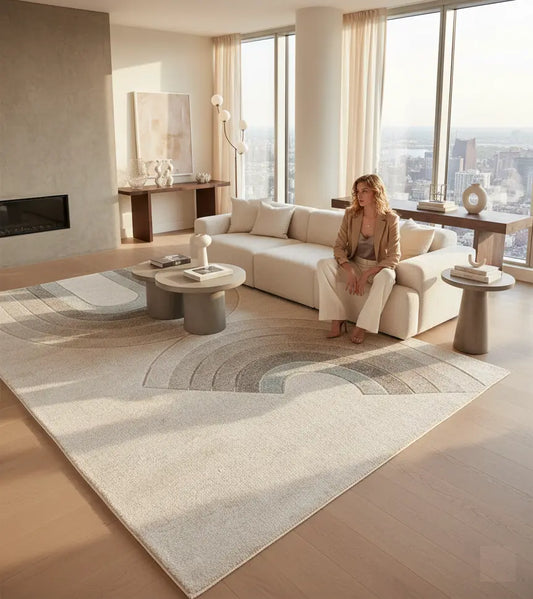 Cream Beige Textured Geometric Modern Living Room Bedroom Area Rug