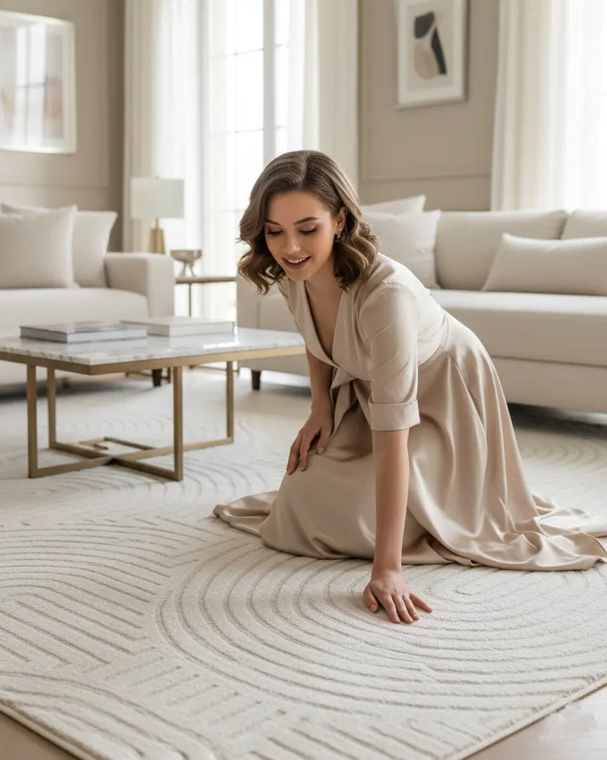 Beige Cream Textured Geometric Living Room Bedroom Area Rug