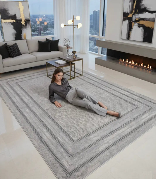 Cream Beige Bordered Modern Living Room Area Rug